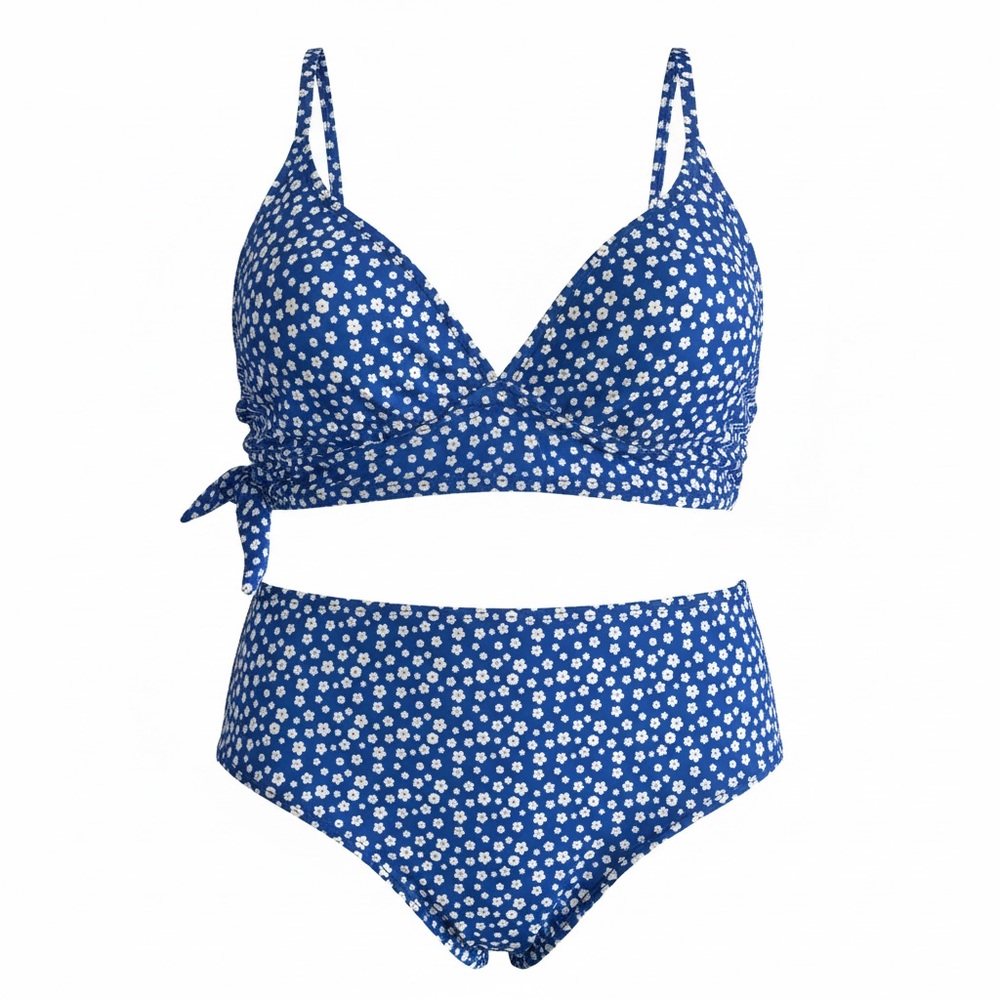 Blue Floral High-Waisted Bikini Set Adjustable Straps XL Polyester/Spandex Blend
